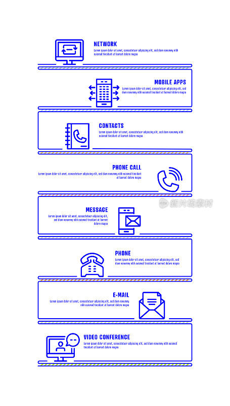 信息图表设计模板。网络，移动应用程序，联系人，电话，消息，电话，电子邮件，视频会议图标8个选项或步骤。