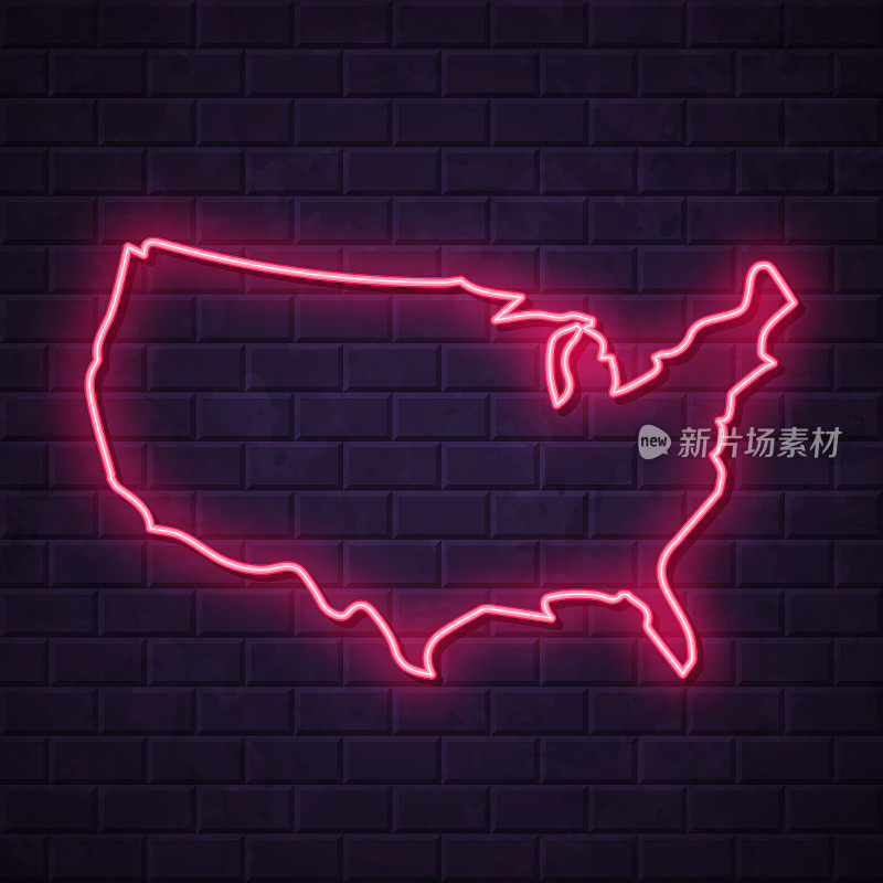 美国地图-在砖墙背景上发光的霓虹灯