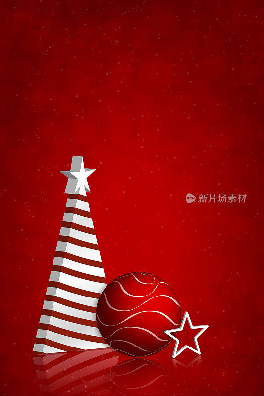 一棵白色三角形的圣诞树，一个小装饰品和一颗星星在暗红色的闪闪发光的圣诞背景上，并在树的顶部有一颗星星