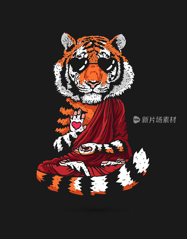 虎-佛-戴着墨镜的和尚。穿着紫红色长袍的佛教徒。一只莲花姿势的老虎在地上飞翔。