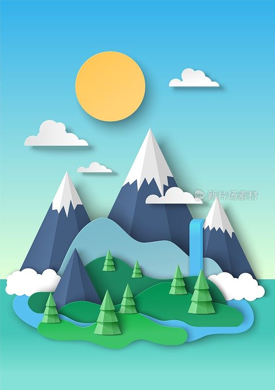 自然景观,背景。雪山山顶，瀑布，矢量剪纸插图。旅游业,旅游,远足。