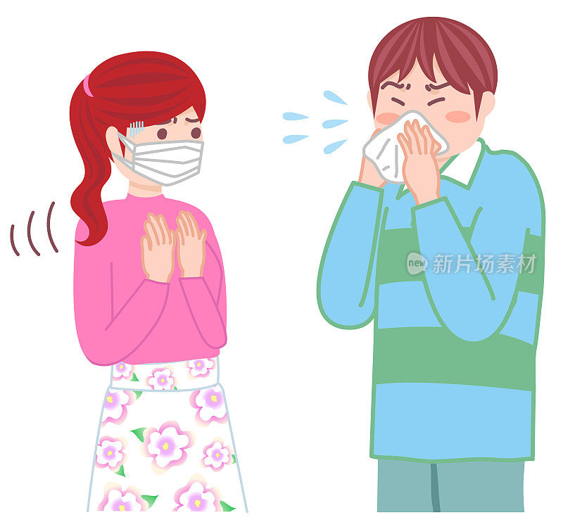 一个男人在用纸巾擦鼻涕，一个女人在看。