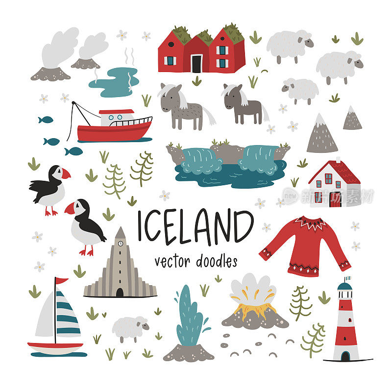 可爱的手绘冰岛设计，涂鸦动物，房子，山-伟大的横幅，墙纸，打印，卡片-矢量设计