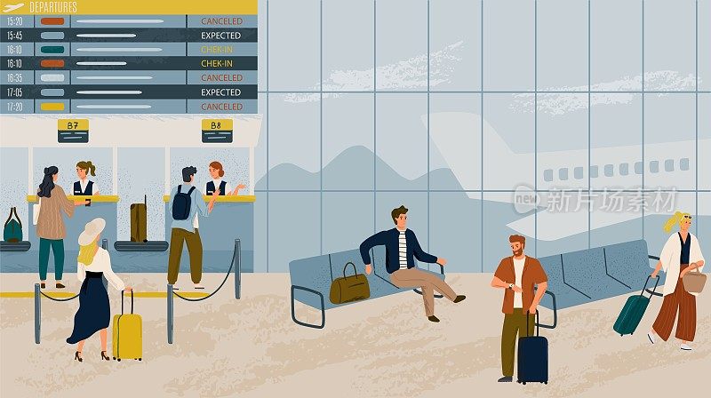 在机场候机大厅等待航班的人们手绘矢量图。旅客在机场办理登机手续的柜台前排队。航空旅行的概念