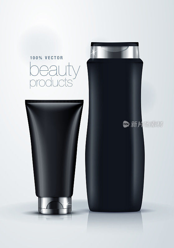 3d模拟矢量插图化妆品产品的黑色空白膏霜管和香波瓶与银盖设计，包装模板