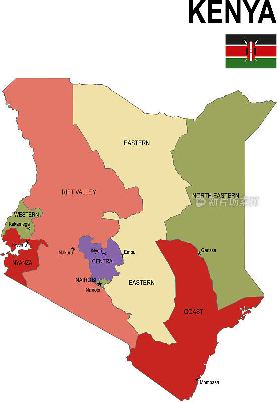 肯尼亚彩色平面地图与旗帜