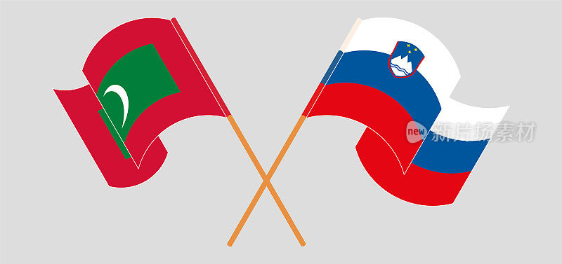 交叉并挥舞着马尔代夫和斯洛文尼亚的国旗