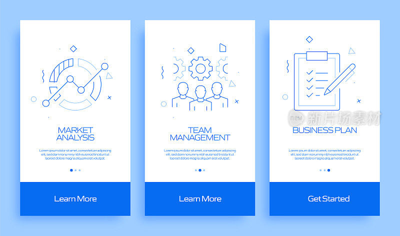 现代商业概念入职移动应用程序页面屏幕与平面图标。UI设计模板矢量插图
