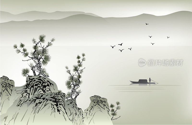 中国画中有船鸟