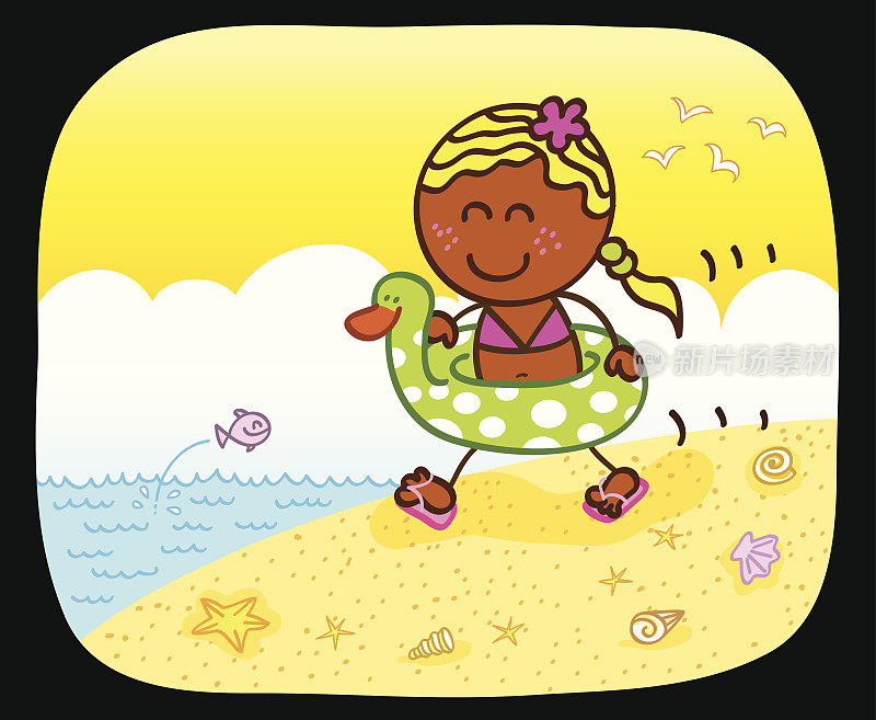 海滩卡通的快乐黑人女孩