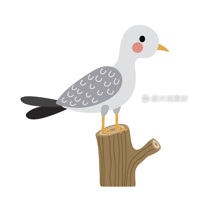 海鸥鸟栖息树枝动物卡通人物矢量插图。