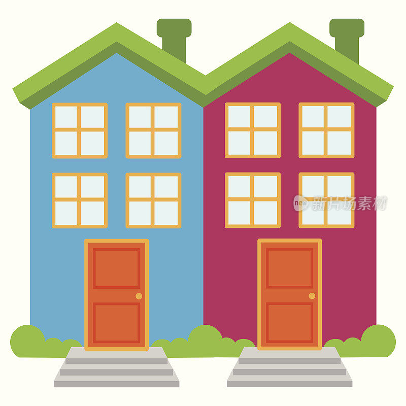 两个色彩鲜艳的半独立式房子的矢量图像