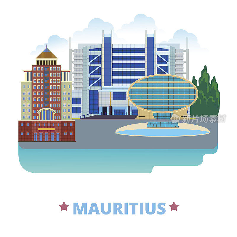 毛里求斯国家设计模板。平面卡通风格的历史景观网络矢量插图。世界度假旅游观光非洲非洲收藏。商业银行级网络国家银行大厦。