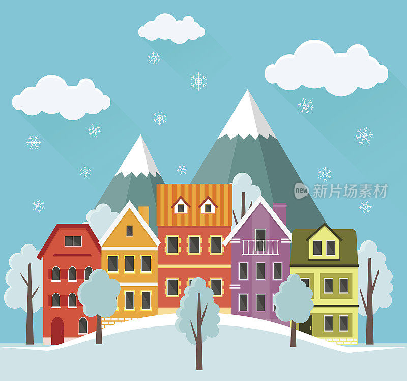 平坦的冬季城市景观，城市景观与飘落的雪，城市与小可爱的房子和山。EPS10矢量插图。