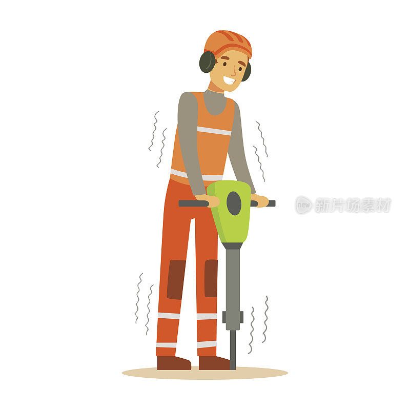 在耳机和手提钻工作的道路工人，部分道路工程和建筑工地矢量插图系列