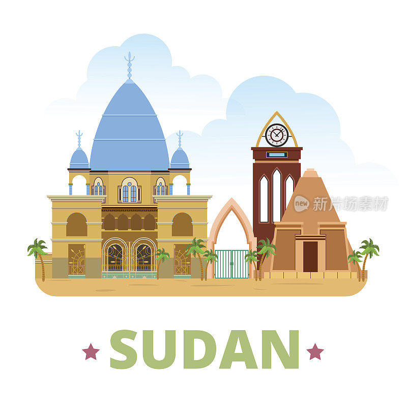 苏丹国家平面卡通风格的历史景观展示网站矢量插图。世界旅游观光非洲非洲收藏。喀土穆梅罗大学马赫迪金字塔墓。