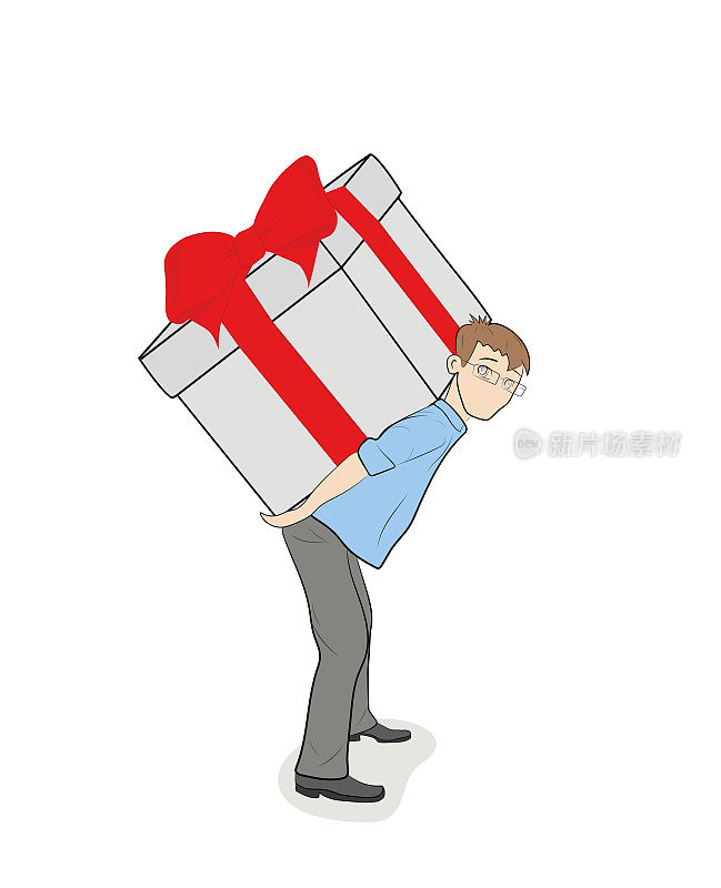 那个人推着装着礼物的盒子。假日礼物的概念。矢量插图。