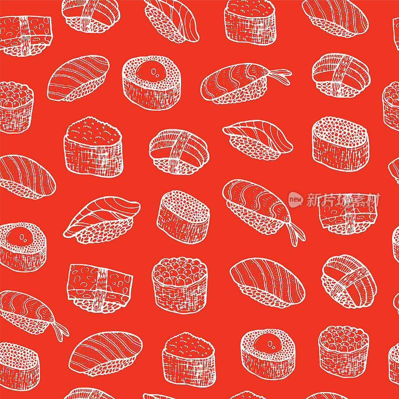 寿司食品无缝图案涂鸦。矢量图