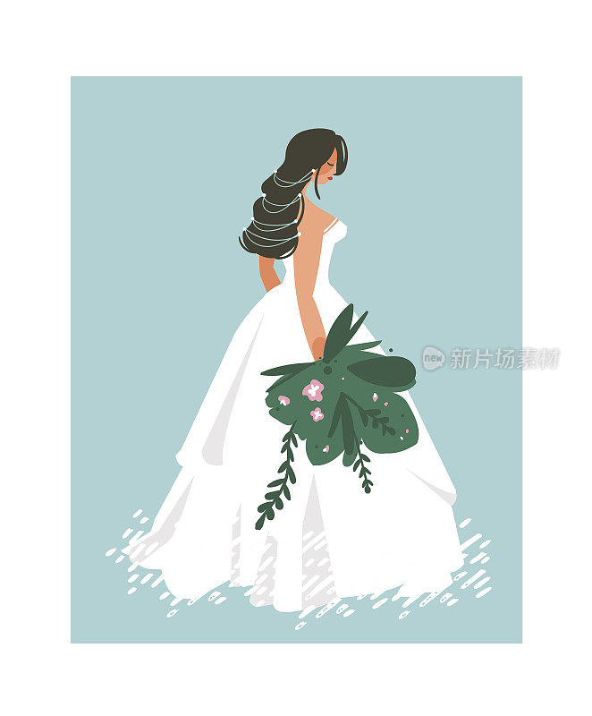 手绘矢量抽象婚礼新娘在白色礼服插图孤立在蓝色背景