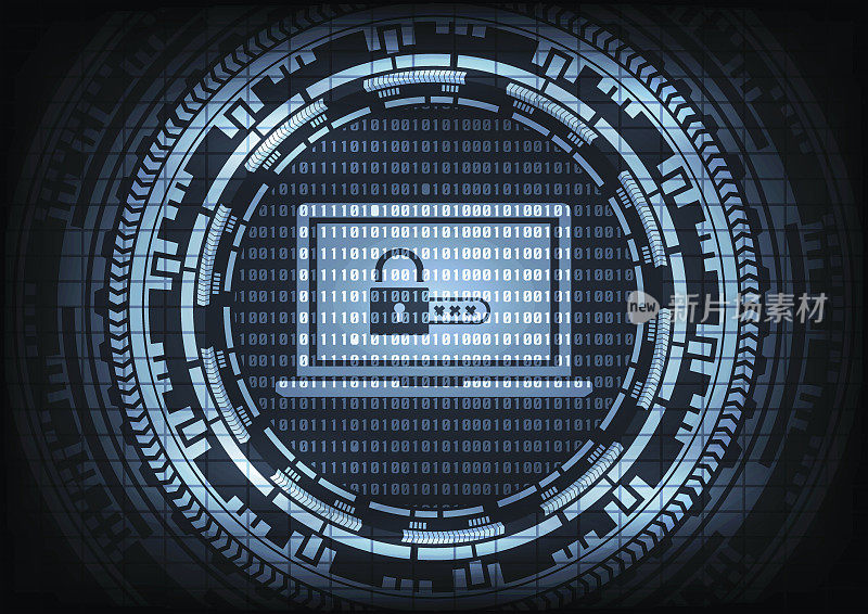 恶意软件勒索病毒加密文件和显示钥匙挂锁与代码在笔记本电脑上的二进制代码和齿轮背景。矢量图解网络犯罪与网络安全概念。