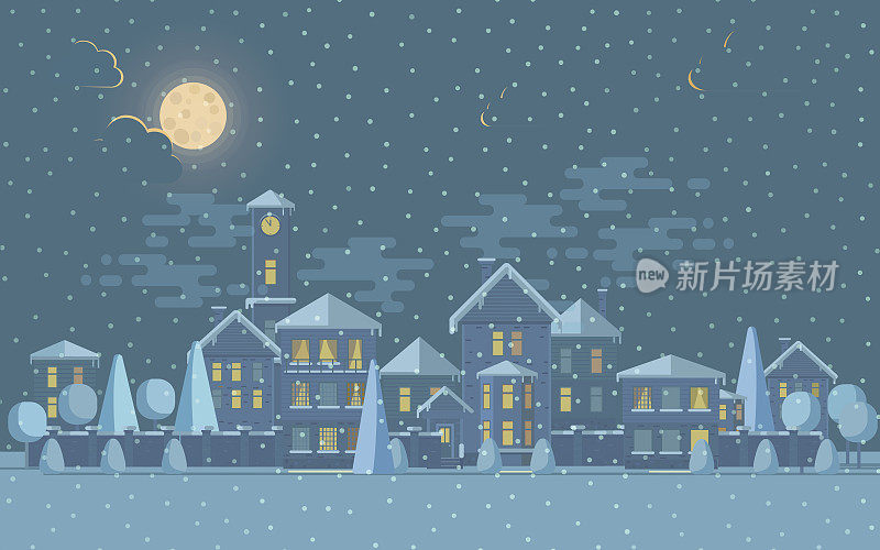 冬天的小镇。可爱的塔在下雪的夜晚的矢量插图。