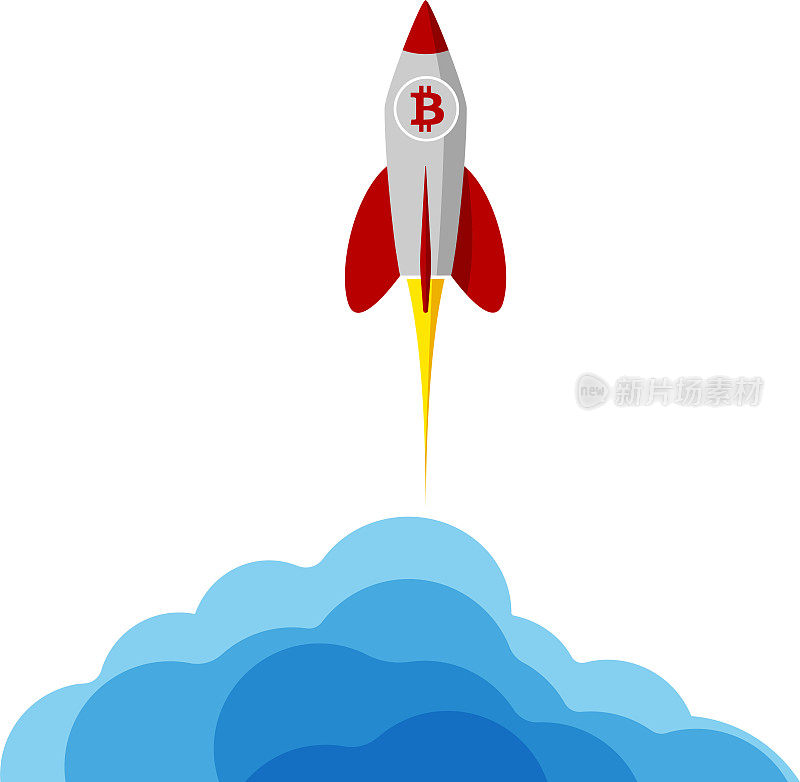 一枚带有比特币标志的火箭飞向太空。开始或开始一个重要的项目。启动。采购提交。