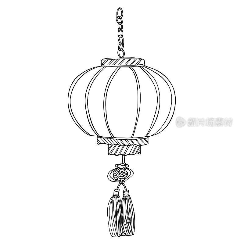 中国新年的灯笼挂在链子上。手绘草图。