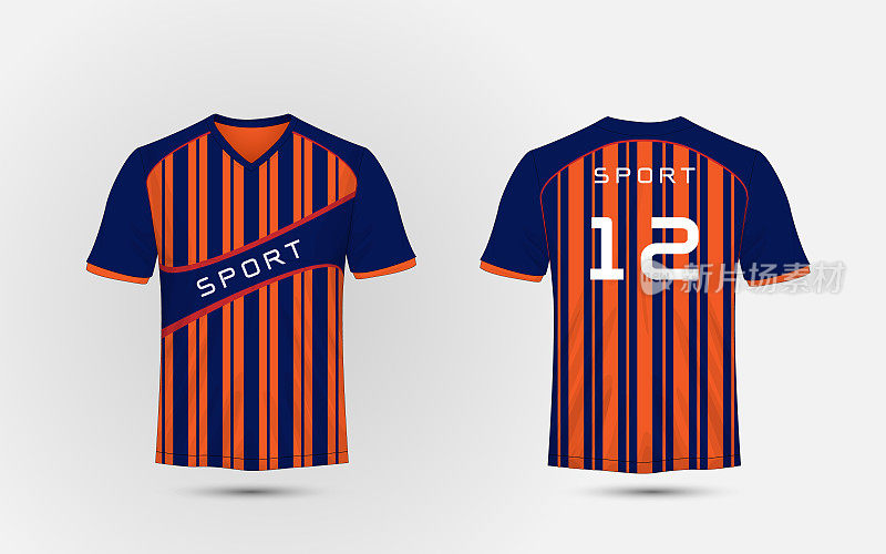 蓝色和橙色图案的运动足球套件，运动衫，t恤的设计模板