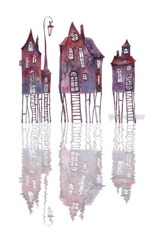 三幢老房子柱立在荡漾的水面上，映出倒影。水彩插图孤立的白色背景。