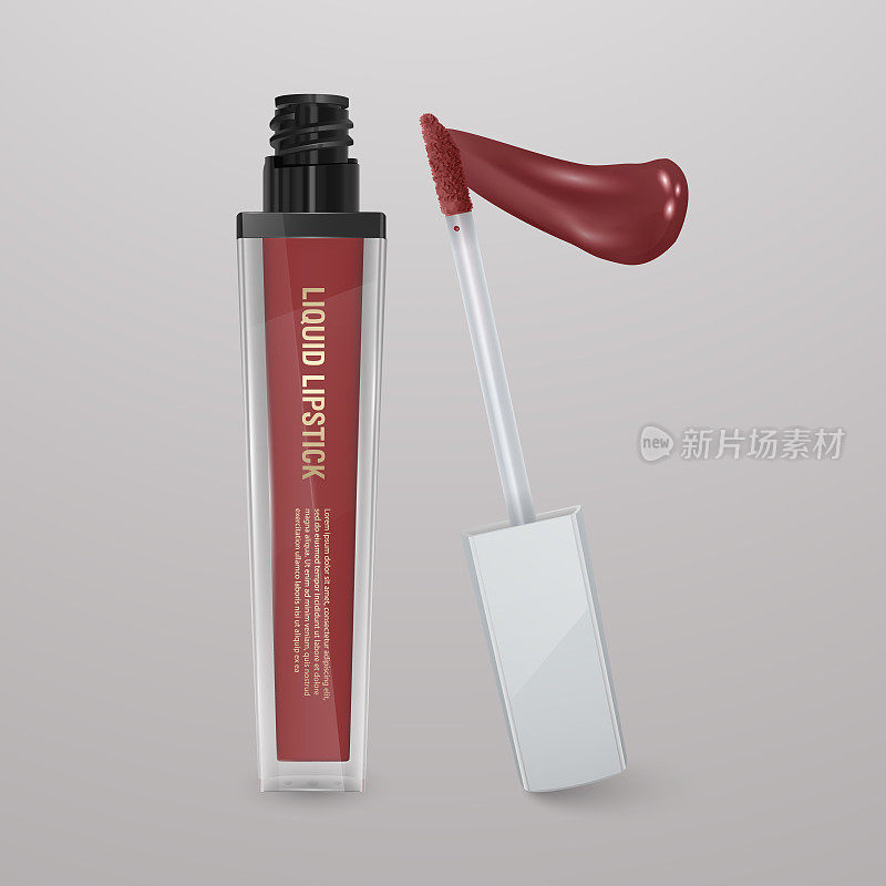 逼真的棕色液体口红与唇膏的笔触。3d插画，时尚的广告化妆品设计