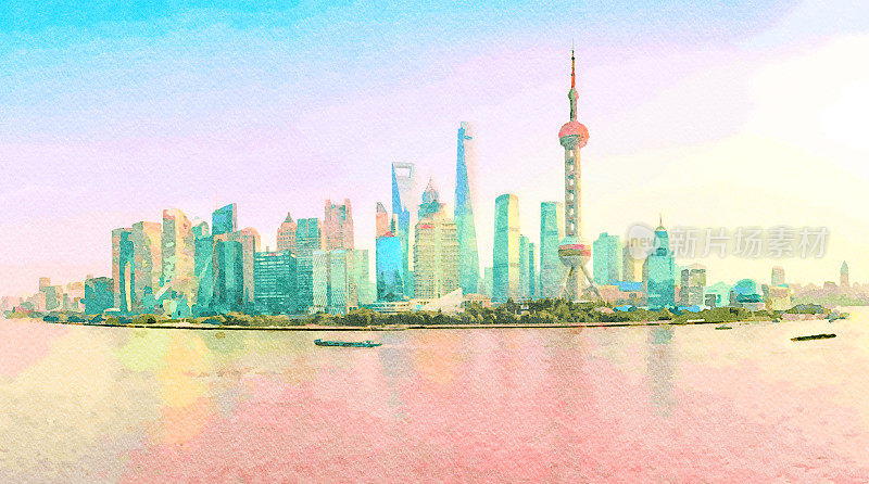 日落时分上海城市天际线的水彩画