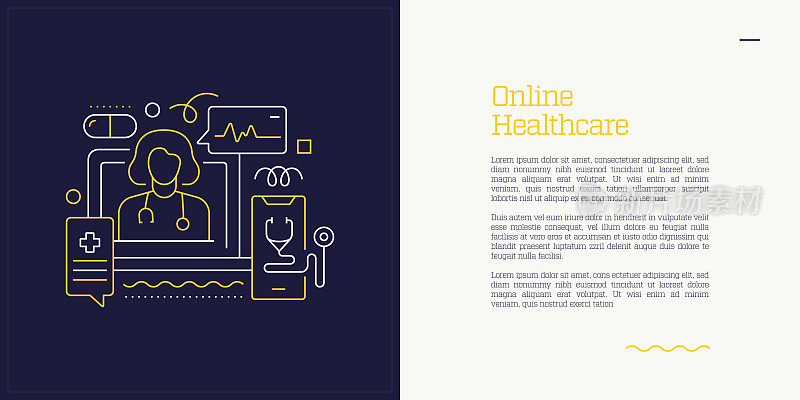 插图向量集在线医疗保健概念。线条艺术风格的网页，横幅，海报，印刷等背景设计。矢量插图。
