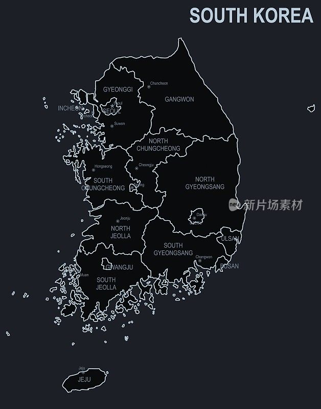 在黑色背景上的韩国城市和地区的平面地图