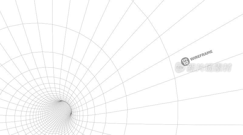 线框网格隧道中的抽象对象。一个景观概念的3D插图。