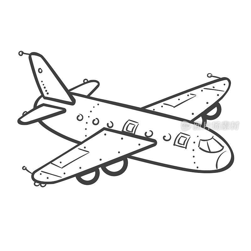 飞机，隔离在白色背景上。线的艺术。矢量插图。彩色的书。交通，航空，飞行，旅游，度假，经济，商务舱。货物,全球飞行。