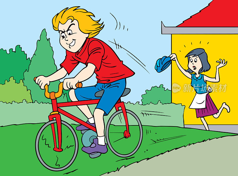 一个没有戴头盔的男孩正在骑自行车。