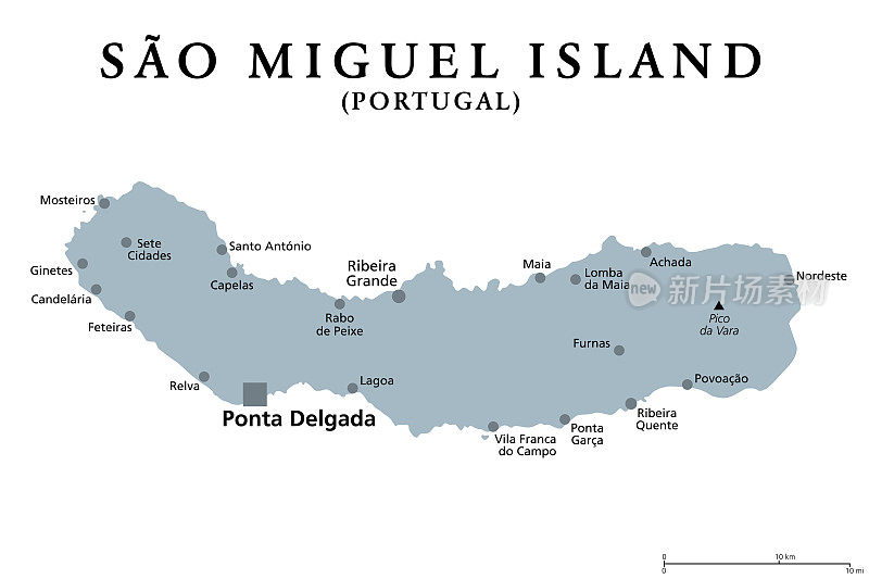 葡萄牙亚速尔群岛的圣米格尔岛，灰色的政治地图
