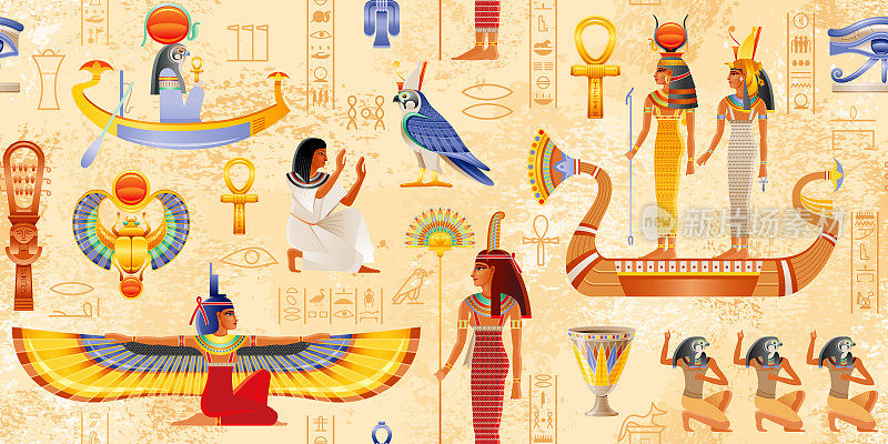 带有法老元素的埃及媒介纸莎草:安卡、圣甲虫、太阳。古代历史的艺术。埃及神话无缝模式。女王女神。伊西斯带着翅膀，哈索尔·娜芙提蒂在船上，玛特带着扇子