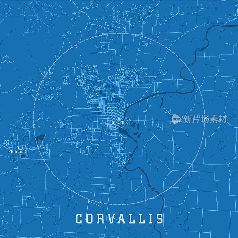 科瓦利斯或城市矢量道路地图蓝色文本