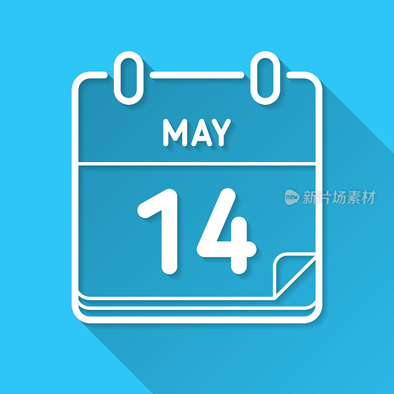 5月14日。蓝色背景上的图标-长阴影平面设计