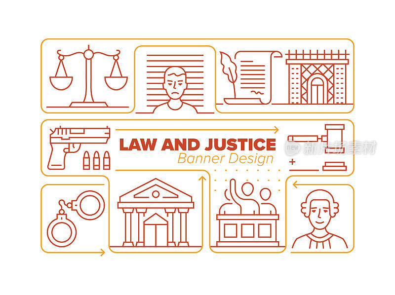 法律和司法线图标集及相关流程信息图设计