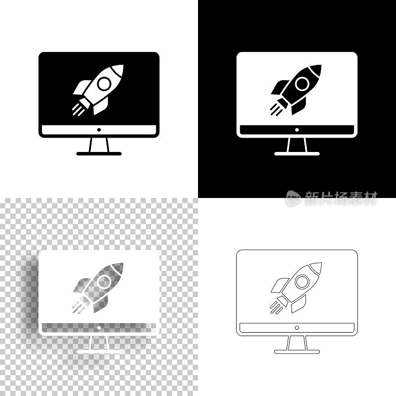 台式电脑和火箭。图标设计。空白，白色和黑色背景-线图标