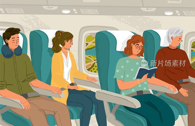 载有乘客的飞机客舱内部。矢量插图。乘客在飞行中阅读和观看飞机窗户。人们乘飞机旅行都是坐经济舱