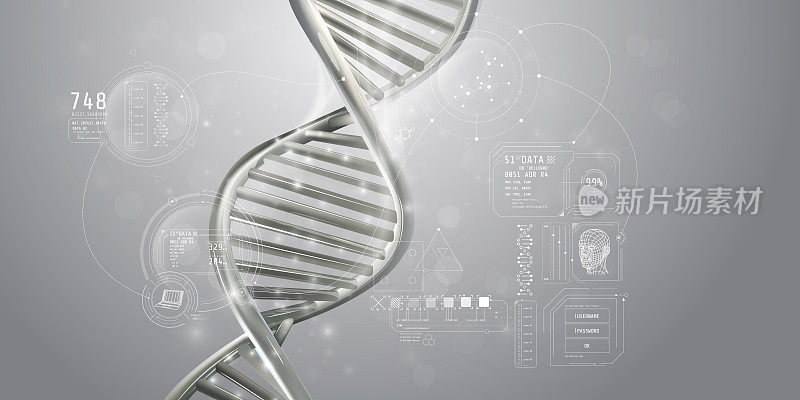 浅灰色的DNA螺旋和遗传数据信息图。