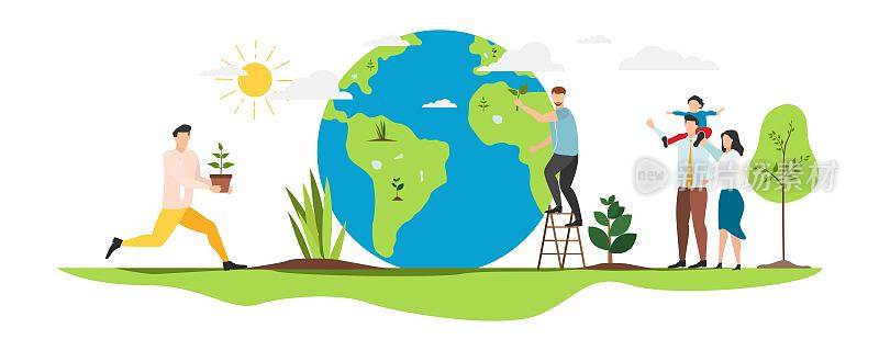 生态。拯救地球。人们生活在生态系统中。节约环保的生活。向量。
