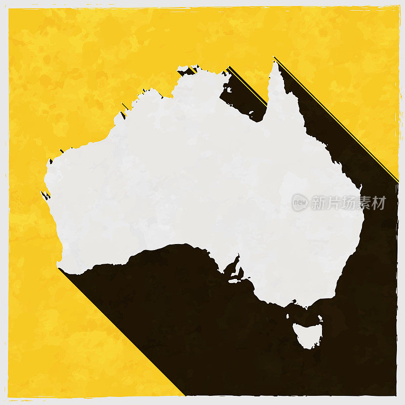 澳大利亚地图与纹理黄色背景上的长阴影