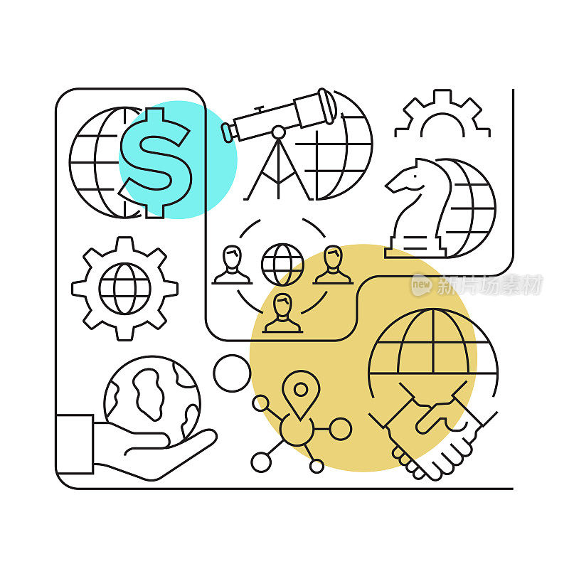 全球业务相关矢量横幅设计概念，现代线条风格与图标