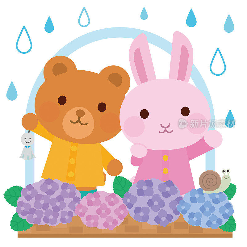 梅雨季节的绣球和窗边的兔子和熊的插图