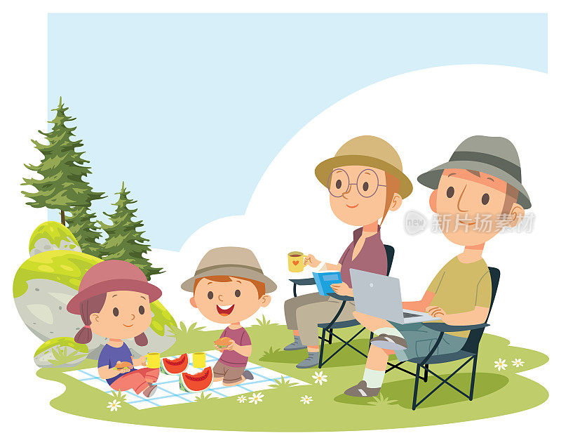 幸福的一家人在野餐。爸爸、妈妈、儿子和女儿在大自然中休息