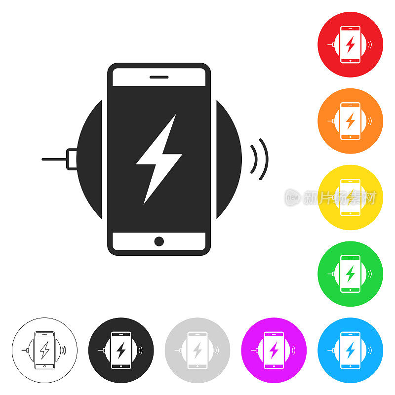 智能手机用无线充电器充电。彩色按钮上的图标